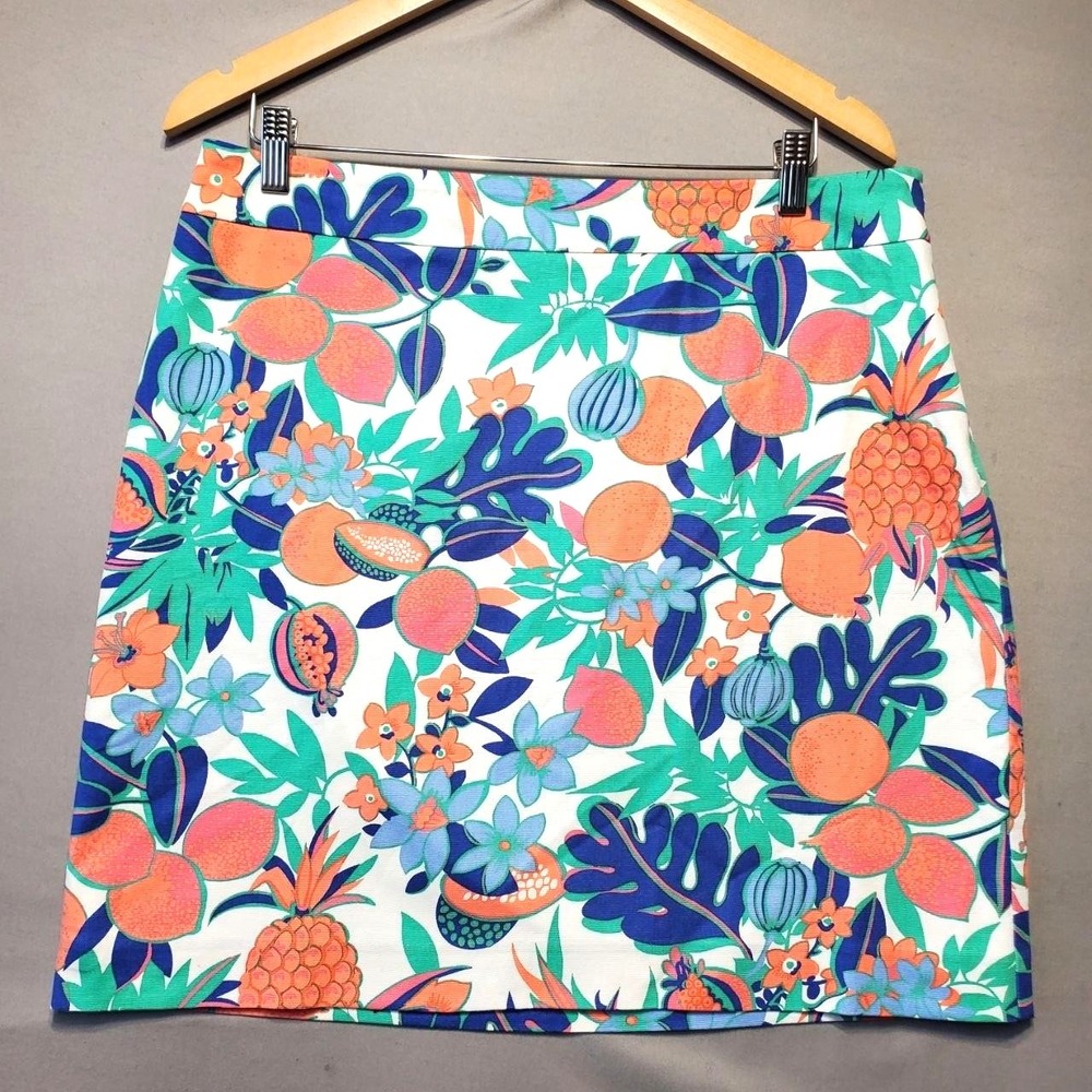 Talbots Tropical Fruit Floral A-Line Skirt Womens 12 White Lined Summer Preppy